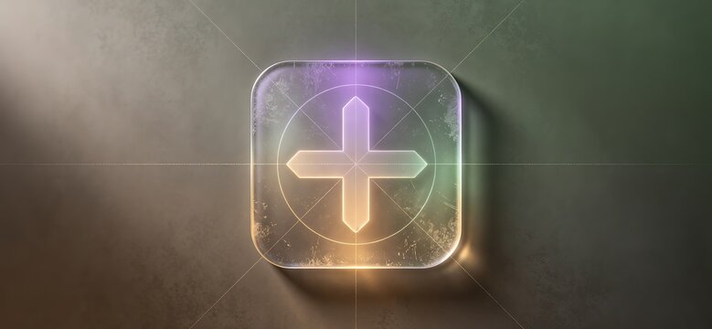 Frosted Glass UI Rounded Square White Cross Iridescent Edges Scratched Green Sci Fi