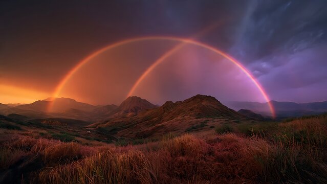 Breathtaking double rainbow arching over a dramatic mountain landscape at twilight.