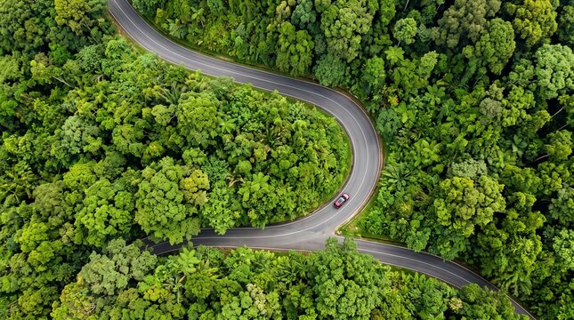 Aerial view of winding forest road, curved asphalt highway through lush green jungle canopy, scenic mountain road with car in tropical nature
