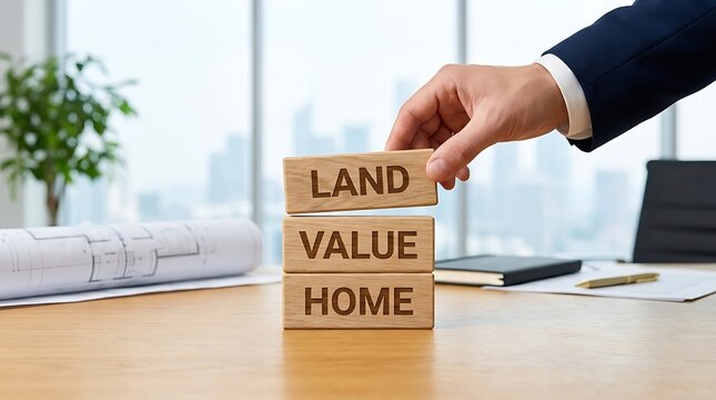 Businessman stacking wooden blocks with words land value home spelling out concept of real estate investment and property management for financial growth and wealth.