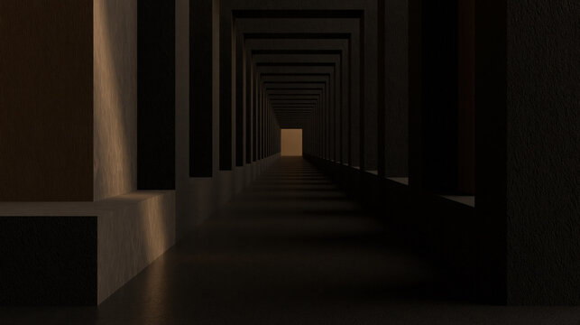 Dim dark corridor interior perspective, minimalist tunnel with glowing opening, low key fine art gallery scene, geometric shadow pattern, dramatic depth