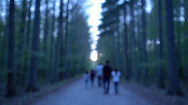 Blurred view of a group of people walking down a tree-lined path in a forest at dusk.