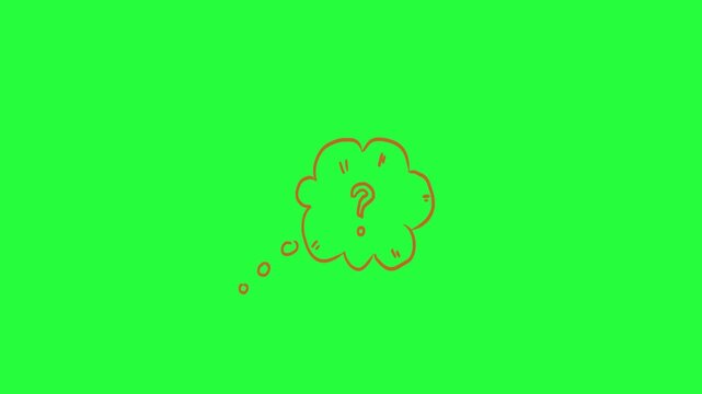 Animated hand drawn question mark inside thought bubble on green screen background representing confusion