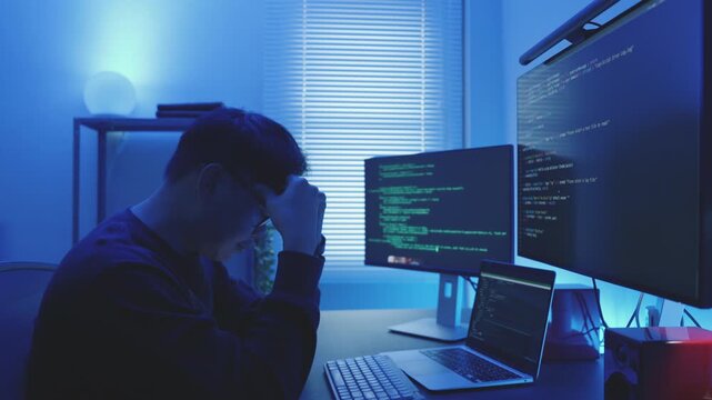 Exhausted Asian Programmer Specialist Feeling Stressed and Tired During Late Night Work.
