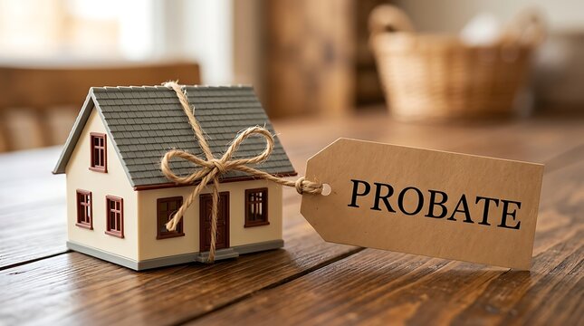Miniature house model tied with twine and a tag labeled probate next to it symbolizing legal proceedings and property transfer after death on wooden table.