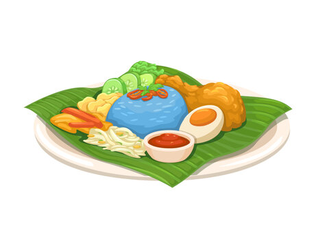 Traditional Nasi Kerabu Malaysian Blue Rice with Fried Chicken Vector Illustration