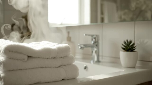 Steaming fresh white towels on bathroom counter beside sink with natural light and potted succulent