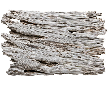 Textured weathered gray driftwood with holes and rough grain isolated on white background transparent background