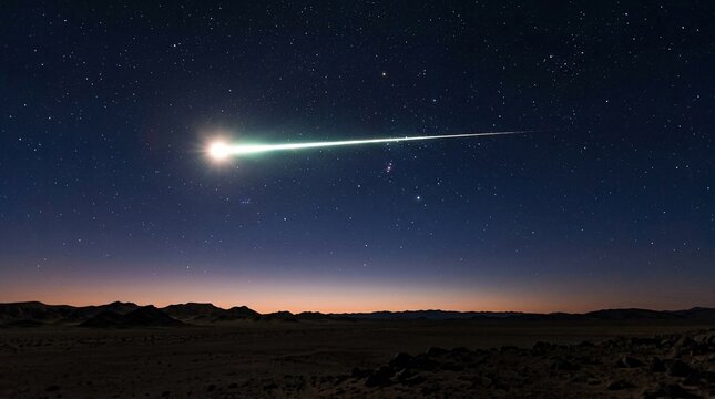 Bright green bolide meteor fireball streaking horizontally across a clear starry night sky above a dark desert mountain range horizon during civil twilight with visible constellations.