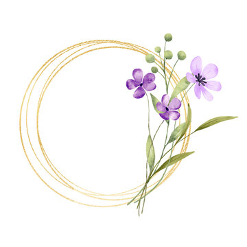 Gold wreath, floral frame with violet flowers. Hand painting geometric golden border, greeting background. Digital illustration isolated on white background.