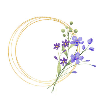 Gold wreath, floral frame with violet flowers. Hand painting geometric golden border, greeting background. Digital illustration isolated on white background.