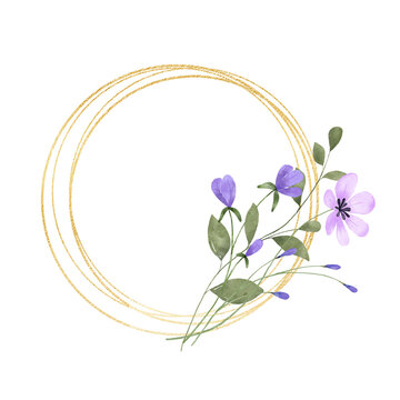 Gold wreath, floral frame with violet flowers. Hand painting geometric golden border, greeting background. Digital illustration isolated on white background.