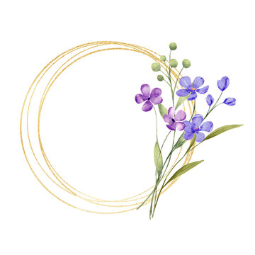 Gold wreath, floral frame with violet flowers. Hand painting geometric golden border, greeting background. Digital illustration isolated on white background.