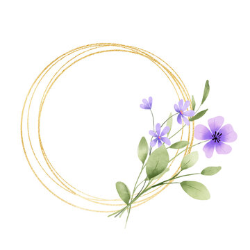 Gold wreath, floral frame with violet flowers. Hand painting geometric golden border, greeting background. Digital illustration isolated on white background.