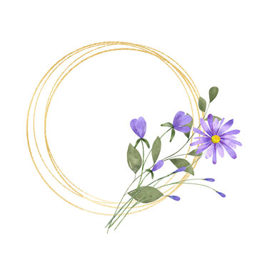Gold wreath, floral frame with violet flowers. Hand painting geometric golden border, greeting background. Digital illustration isolated on white background.