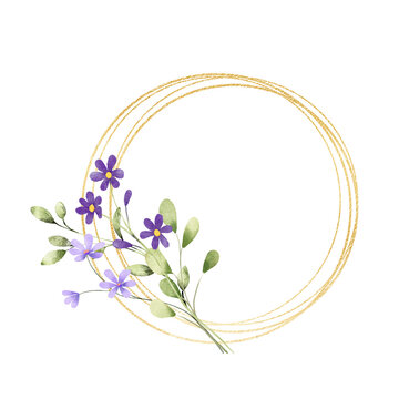 Gold wreath, floral frame with violet flowers. Hand painting geometric golden border, greeting background. Digital illustration isolated on white background.