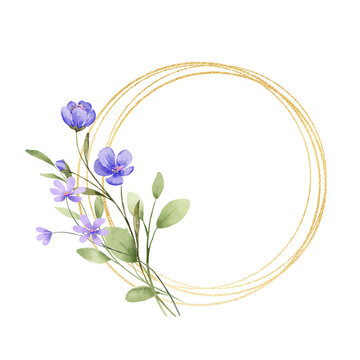 Gold wreath, floral frame with violet flowers. Hand painting geometric golden border, greeting background. Digital illustration isolated on white background.