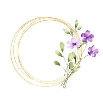 Gold wreath, floral frame with violet flowers. Hand painting geometric golden border, greeting background. Digital illustration isolated on white background.