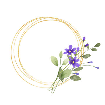 Gold wreath, floral frame with violet flowers. Hand painting geometric golden border, greeting background. Digital illustration isolated on white background.