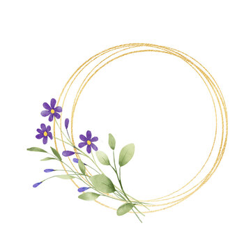 Gold wreath, floral frame with violet flowers. Hand painting geometric golden border, greeting background. Digital illustration isolated on white background.