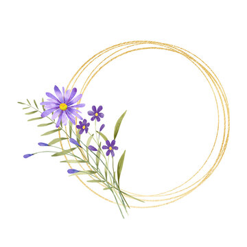 Gold wreath, floral frame with violet flowers. Hand painting geometric golden border, greeting background. Digital illustration isolated on white background.