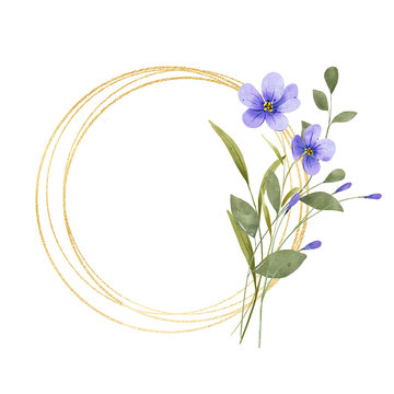 Gold wreath, floral frame with violet flowers. Hand painting geometric golden border, greeting background. Digital illustration isolated on white background.