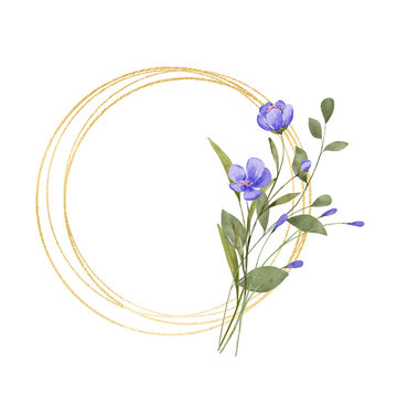 Gold wreath, floral frame with violet flowers. Hand painting geometric golden border, greeting background. Digital illustration isolated on white background.