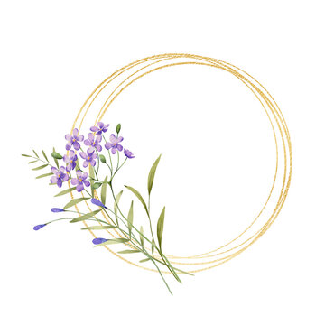 Gold wreath, floral frame with violet flowers. Hand painting geometric golden border, greeting background. Digital illustration isolated on white background.