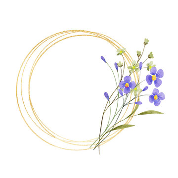 Gold wreath, floral frame with violet flowers. Hand painting geometric golden border, greeting background. Digital illustration isolated on white background.