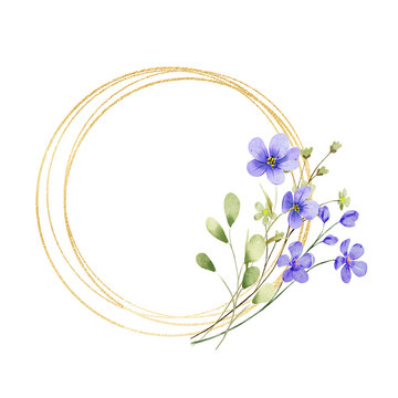 Gold wreath, floral frame with violet flowers. Hand painting geometric golden border, greeting background. Digital illustration isolated on white background.