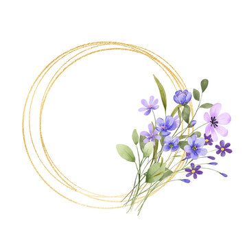Gold wreath, floral frame with violet flowers. Hand painting geometric golden border, greeting background. Digital illustration isolated on white background.