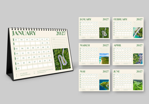 Modern 2027 Desk Calendar Template with Nature Landscape Photography