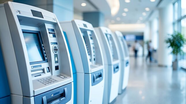 Row of modern bank ATMs inside financial institution lobby with polished floor and natural light from windows showing bank machines for cash withdrawal.