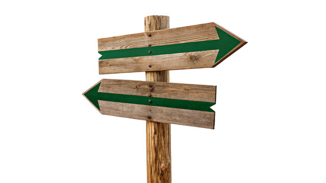 Blank wooden directional signpost with arrows isolated on transparent background for travel
