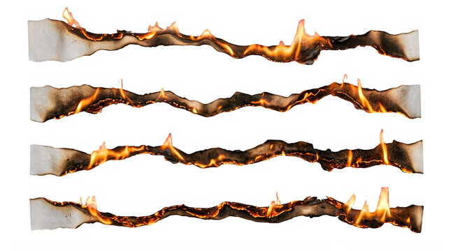 Burning paper strips on white background. Fire edges on scorched document borders.