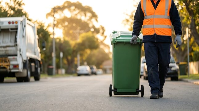 Sanitation worker wearing reflective vest pushing green garbage bin towards truck on residential street during sunset street cleaning collection service.