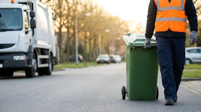 Sanitation worker wearing reflective vest pushing green garbage bin towards truck on residential street during sunset street cleaning collection service.
