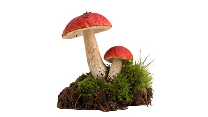 Wild mushrooms growing in green moss isolated on transparent background for nature themes © Harry-design