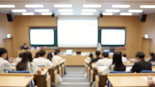 Blurred view of students attending a lecture or presentation in a modern university classroom or conference hall with multiple projection screens.
