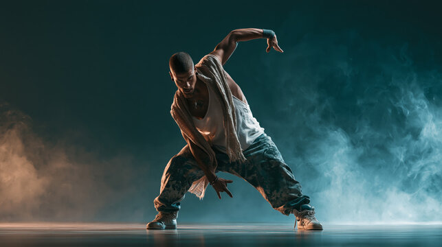 Male hip-hop dancer performing a dynamic urban street dance move amid fog and dramatic lighting