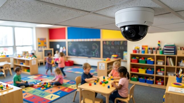 Security camera mounted on ceiling monitors diverse group of young children playing with colorful blocks at tables in bright preschool classroom with toys shelves.