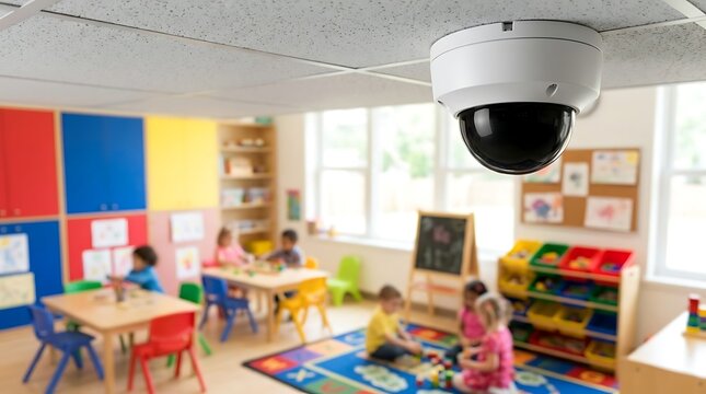 Security camera mounted on ceiling monitors diverse group of young children playing with colorful blocks at tables in bright preschool classroom with toys shelves.