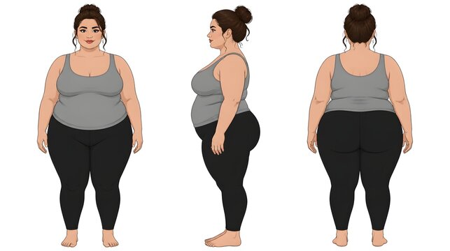 Professional 2D vector character turnaround reference sheet of a beautiful plus-size woman in her 30s, featuring consistent front, side, and back views isolated on a clean background.