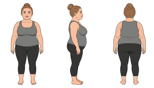 Professional 2D vector character turnaround reference sheet of a beautiful plus-size woman in her 30s, featuring consistent front, side, and back views isolated on a clean background.