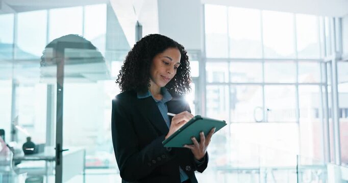 Finance, thinking and business woman on tablet for research, investment choice and planning. Corporate, office lobby and person with stylus, tech and flare for financial report, proposal and solution