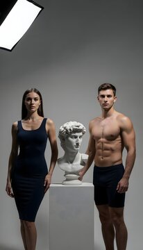 Conceptual studio portrait of an authentic man and woman in swimwear standing beside an idealized classical marble male sculpture on a pure white background, symbolizing body positivity, aesthetic med