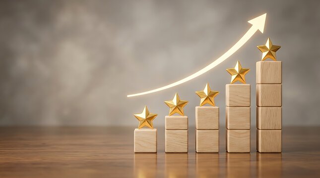 Bar graph of wooden blocks with golden stars and upward arrow symbolizing success growth and positive performance evaluation showing excellent results and achievements.