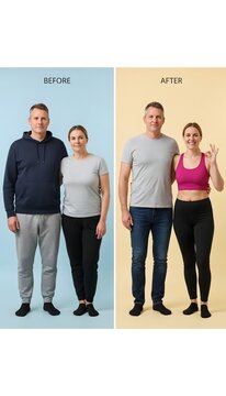 Side-by-side full-body before and after weight loss comparison of a middle-aged couple, showing a successful bariatric surgery transformation from overweight to healthy and confident, isolated on a cl
