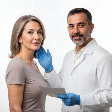 Professional clinical follow-up consultation of a mature woman showing successful post-operative results from a facelift and rhinoplasty, being examined by an expert British male surgeon in a clean st