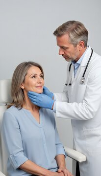 Professional clinical follow-up consultation of a mature woman showing successful post-operative results from a facelift and rhinoplasty, being examined by an expert British male surgeon in a clean st